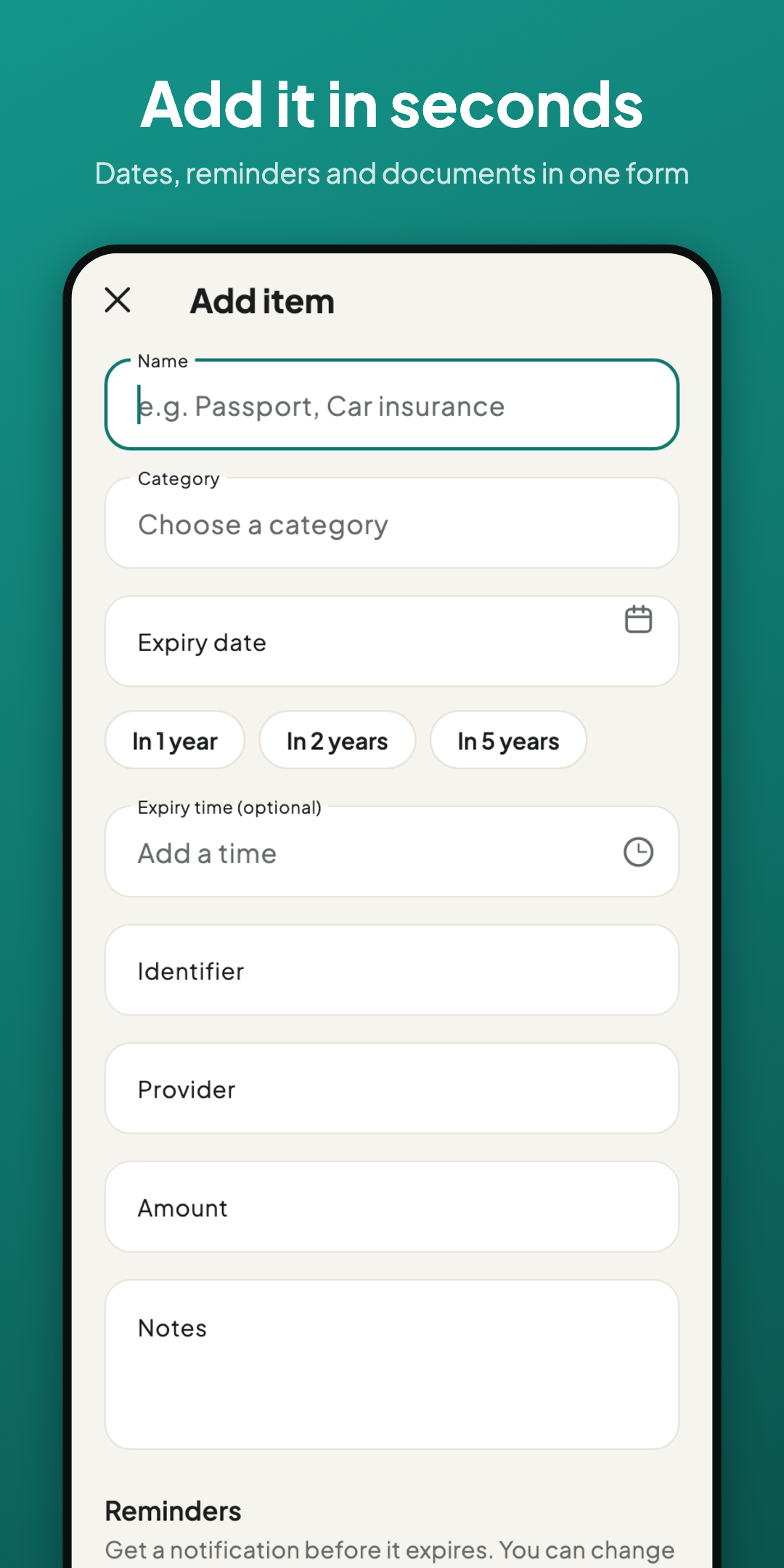 RenewTrail 'Add it in seconds' screen for adding a new renewal item
