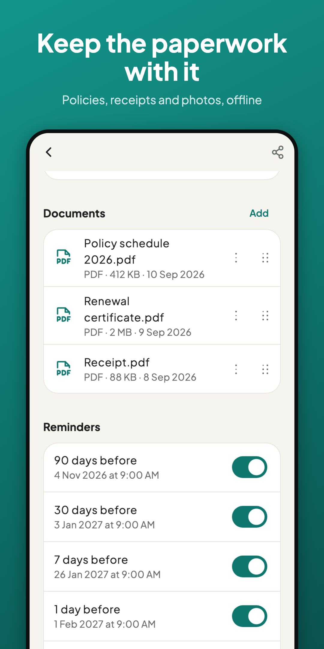 RenewTrail screen for attaching documents to a renewal