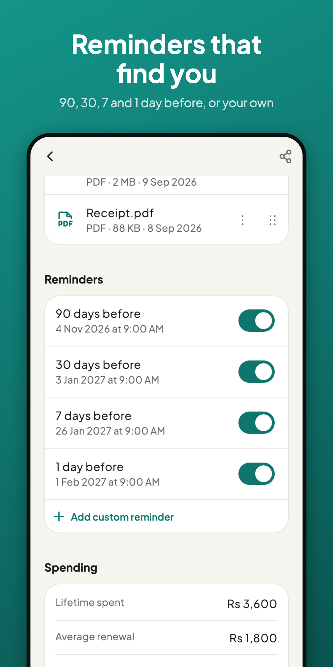 RenewTrail reminders screen for a renewal item