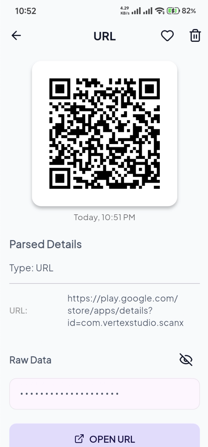 ScanX app screen showing a scanned URL's parsed details