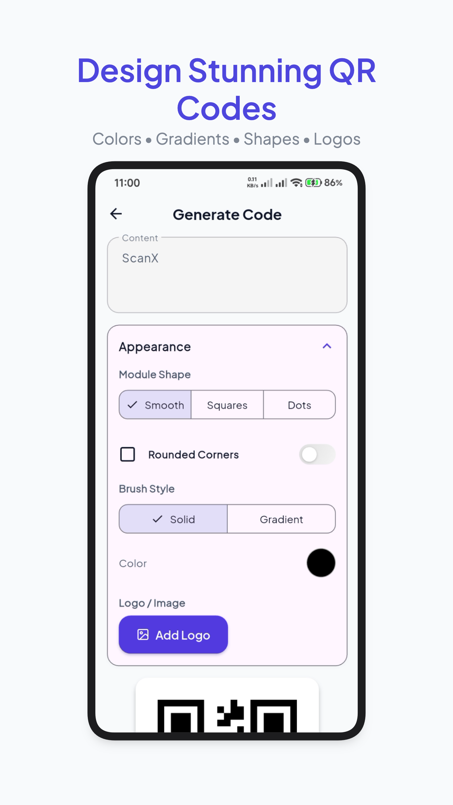 ScanX's QR code generator with color, shape and logo styling options