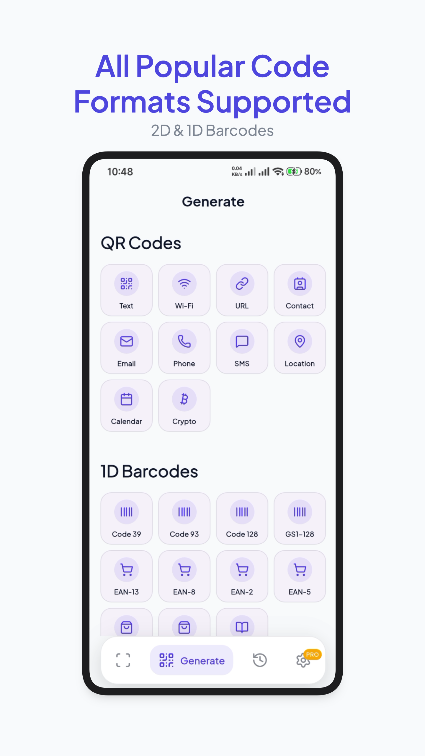 ScanX history screen listing previously scanned and generated codes